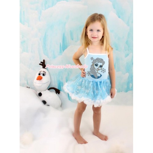 Frozen Princess Elsa Light Blue Sparkle Bling Snowflakes ONE-PIECE Halter Dress With Sparkle Crystal Bling Rhinestone Princess Elsa Print LP71